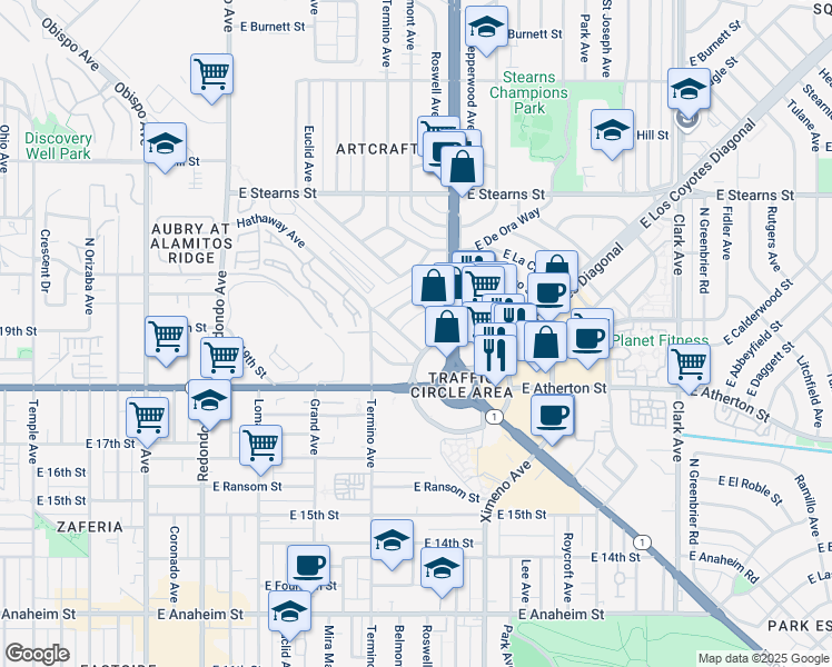 map of restaurants, bars, coffee shops, grocery stores, and more near 4134 East Jacinto Way in Long Beach