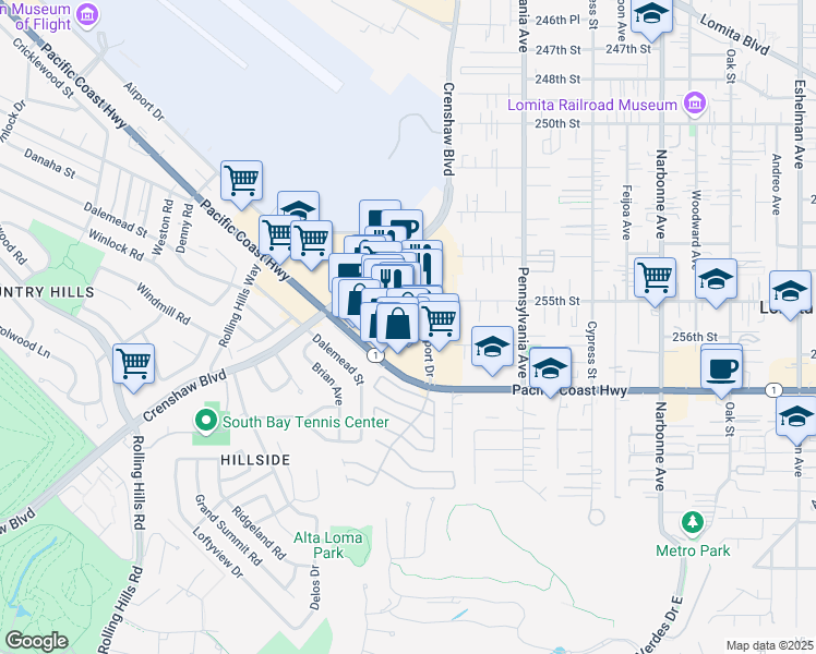 map of restaurants, bars, coffee shops, grocery stores, and more near 2613 Pacific Coast Highway in Torrance