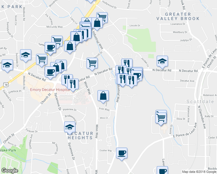 map of restaurants, bars, coffee shops, grocery stores, and more near 3408 Stratford Commons in Decatur