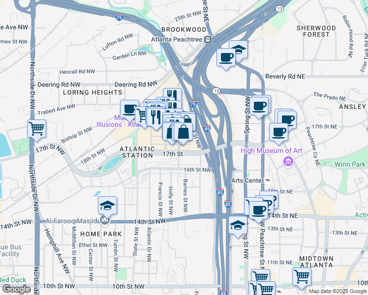 map of restaurants, bars, coffee shops, grocery stores, and more near 201 17th Street Northwest in Atlanta