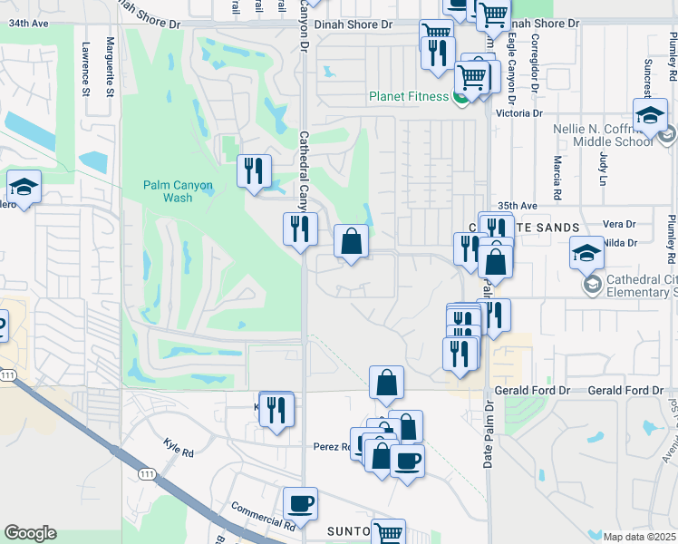 map of restaurants, bars, coffee shops, grocery stores, and more near 35200 Cathedral Canyon Drive in Cathedral City