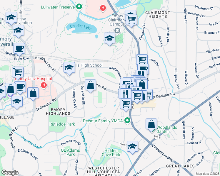 map of restaurants, bars, coffee shops, grocery stores, and more near 1982 North Decatur Road in Atlanta