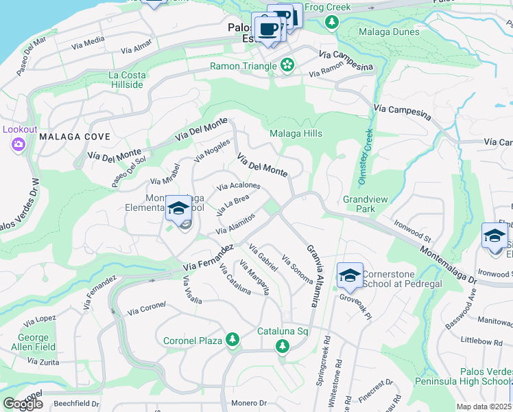 map of restaurants, bars, coffee shops, grocery stores, and more near 2303 Vía Alamitos in Palos Verdes Estates