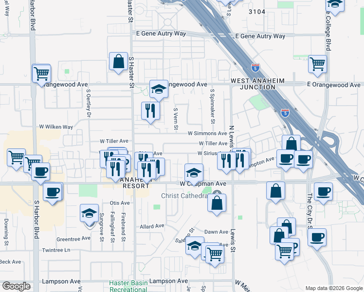map of restaurants, bars, coffee shops, grocery stores, and more near 4500 West Tiller Avenue in Orange