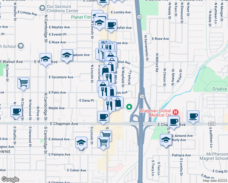 map of restaurants, bars, coffee shops, grocery stores, and more near in Orange