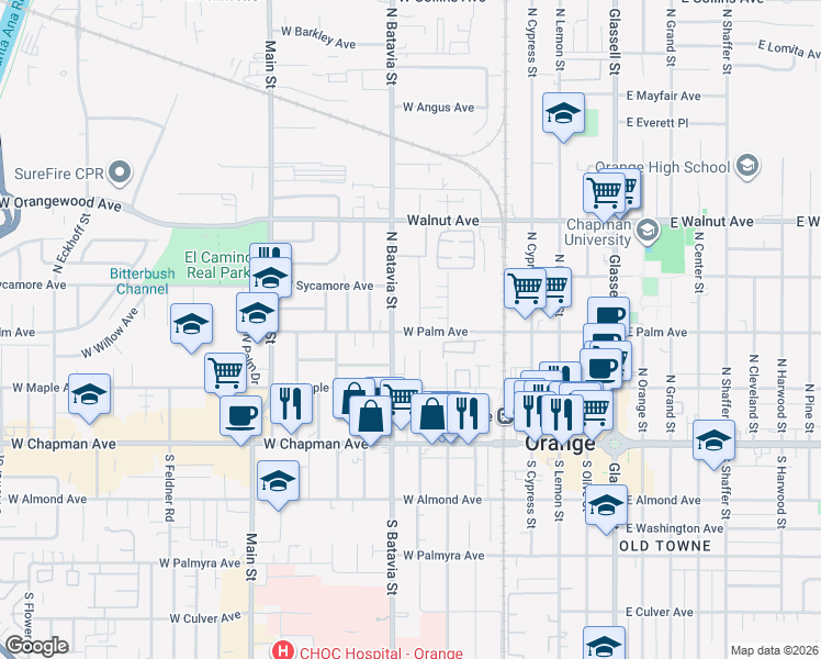 map of restaurants, bars, coffee shops, grocery stores, and more near 320 North Clark Street in Orange