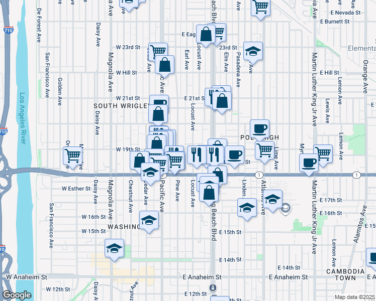 map of restaurants, bars, coffee shops, grocery stores, and more near 1916 Locust Avenue in Long Beach