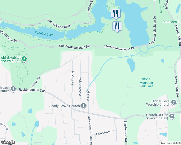 map of restaurants, bars, coffee shops, grocery stores, and more near 597 Allana Court in Stone Mountain