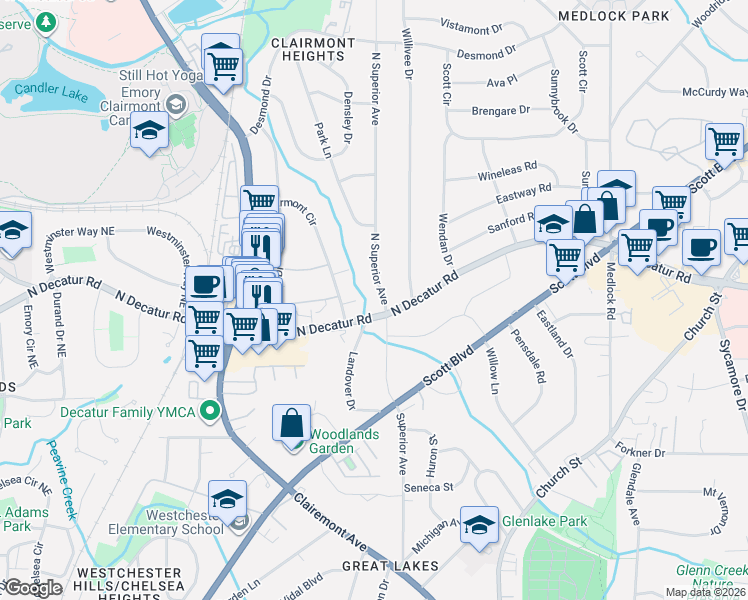 map of restaurants, bars, coffee shops, grocery stores, and more near 547 North Superior Avenue in Decatur