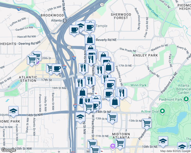 map of restaurants, bars, coffee shops, grocery stores, and more near in Atlanta