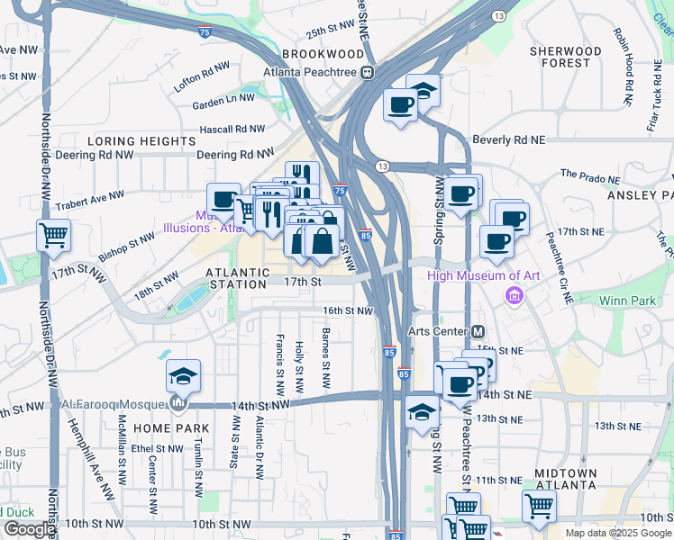 map of restaurants, bars, coffee shops, grocery stores, and more near 201 17th Street Northwest in Atlanta