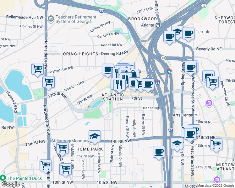 map of restaurants, bars, coffee shops, grocery stores, and more near 361 17th Street Northwest in Atlanta