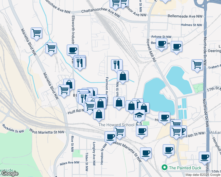 map of restaurants, bars, coffee shops, grocery stores, and more near 1338 Booth Avenue Northwest in Atlanta