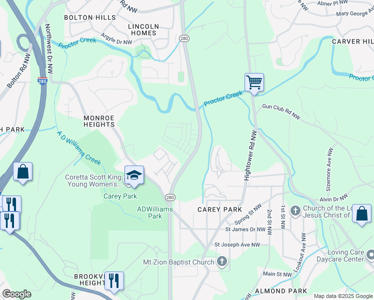 map of restaurants, bars, coffee shops, grocery stores, and more near 1692 James Jackson Parkway Northwest in Atlanta