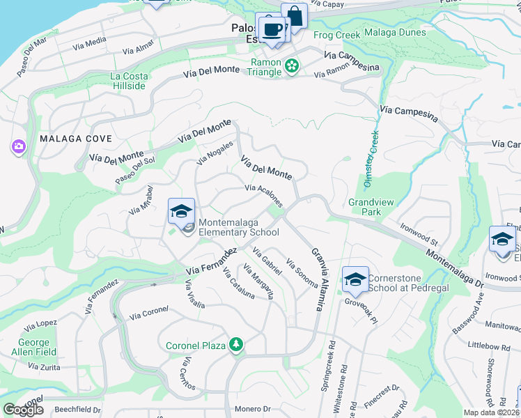 map of restaurants, bars, coffee shops, grocery stores, and more near 2303 Vía Alamitos in Palos Verdes Estates