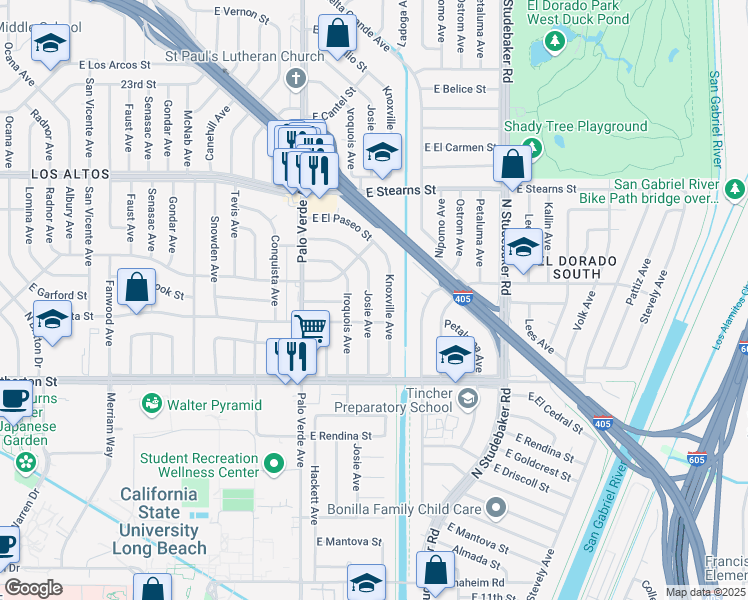 map of restaurants, bars, coffee shops, grocery stores, and more near 1940 Josie Avenue in Long Beach