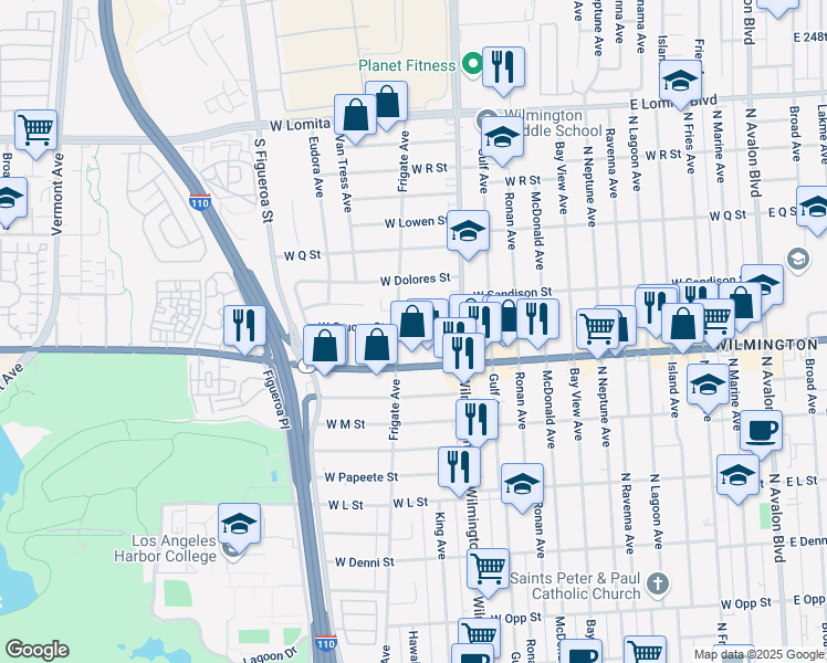 map of restaurants, bars, coffee shops, grocery stores, and more near 1032 West Sandison Street in Los Angeles