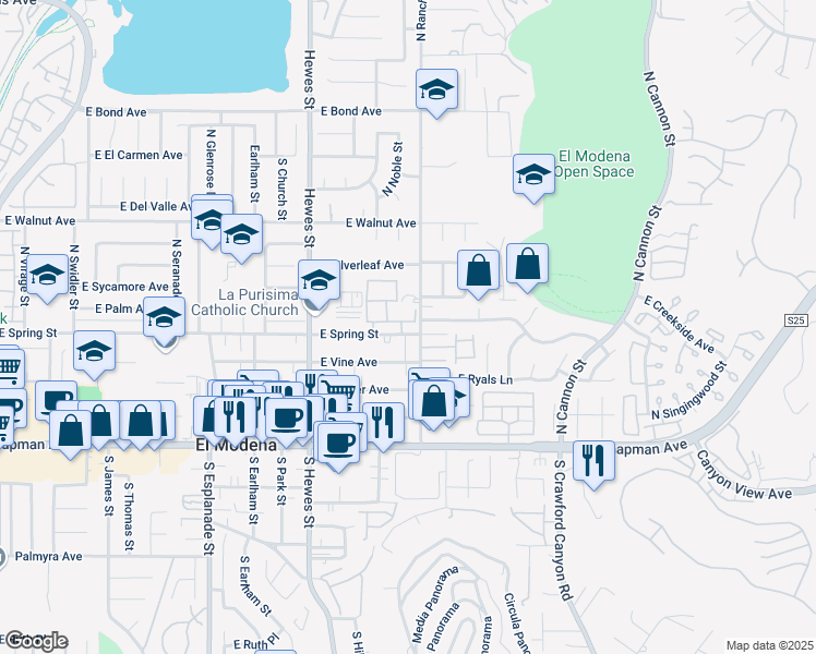 map of restaurants, bars, coffee shops, grocery stores, and more near 18966 East Appletree Lane in Orange