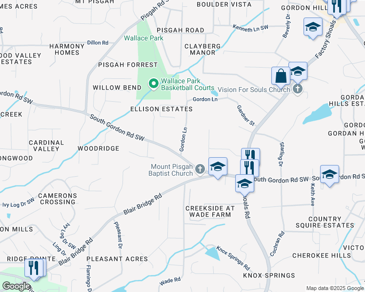 map of restaurants, bars, coffee shops, grocery stores, and more near 960 Gordon Lane in Austell