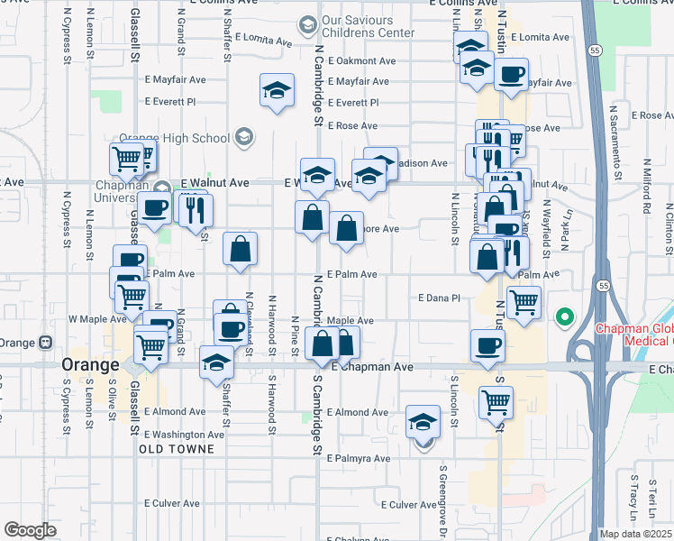 map of restaurants, bars, coffee shops, grocery stores, and more near 304 North Waverly Street in Orange