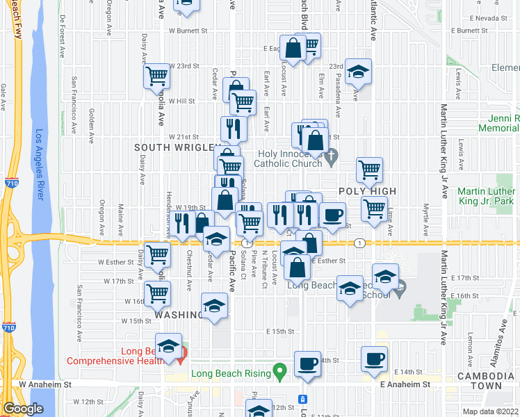 map of restaurants, bars, coffee shops, grocery stores, and more near 1880 Pine Avenue in Long Beach