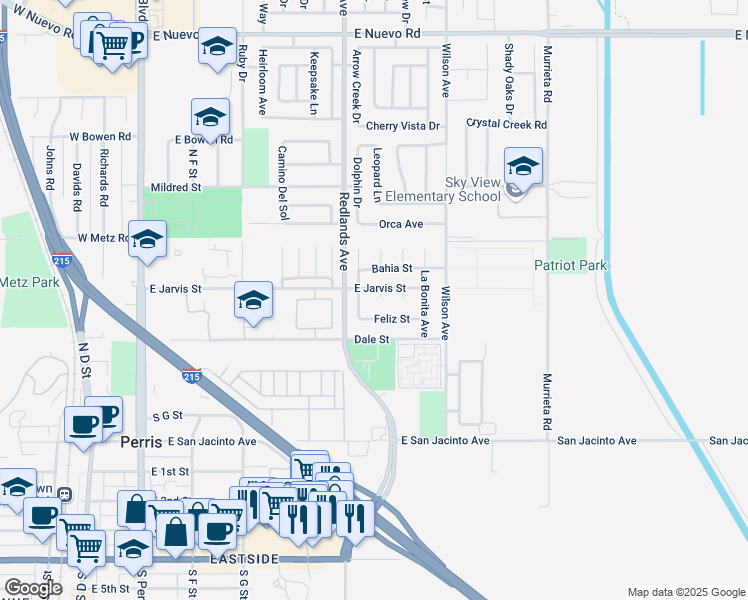 map of restaurants, bars, coffee shops, grocery stores, and more near 568 Nina Circle in Perris