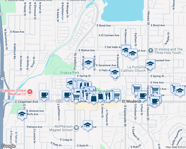 map of restaurants, bars, coffee shops, grocery stores, and more near 310 North Swidler Street in Orange