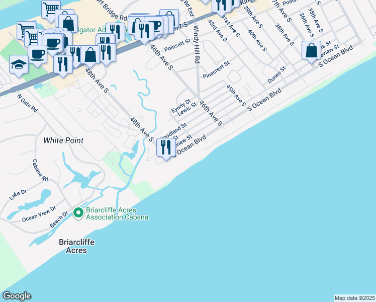 map of restaurants, bars, coffee shops, grocery stores, and more near 4709 South Ocean Boulevard in North Myrtle Beach