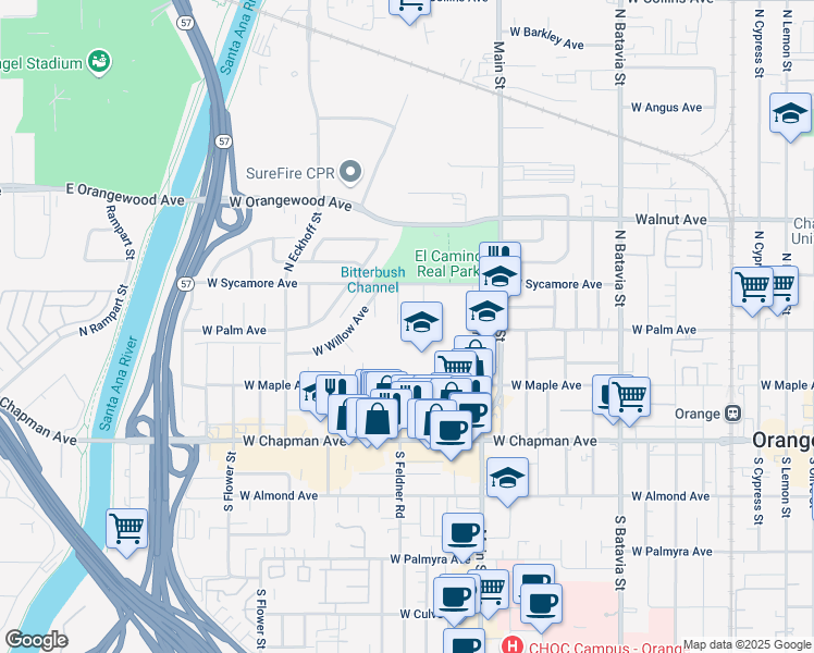 map of restaurants, bars, coffee shops, grocery stores, and more near 321 North Ash Street in Orange