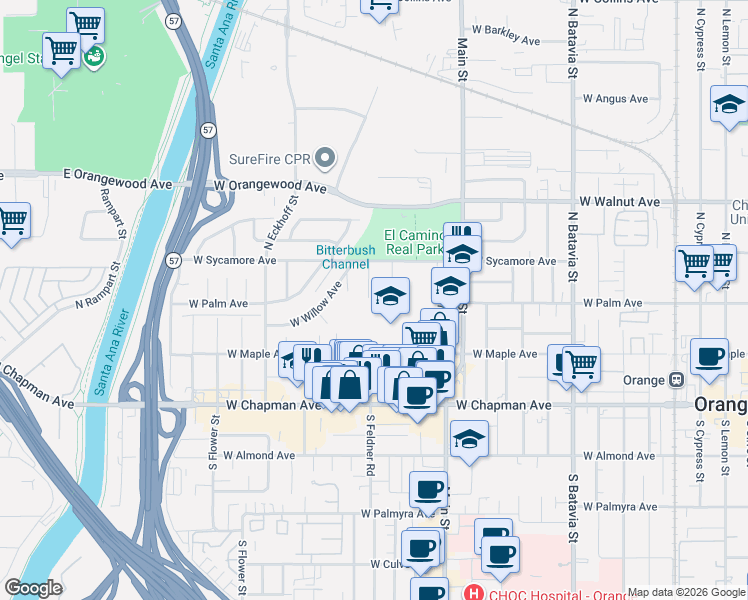 map of restaurants, bars, coffee shops, grocery stores, and more near 321 North Ash Street in Orange