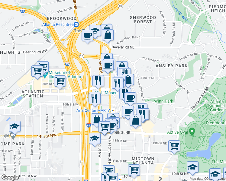 map of restaurants, bars, coffee shops, grocery stores, and more near 1349 West Peachtree Street Northwest in Atlanta