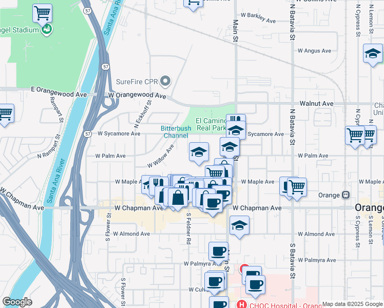 map of restaurants, bars, coffee shops, grocery stores, and more near 321 North Ash Street in Orange