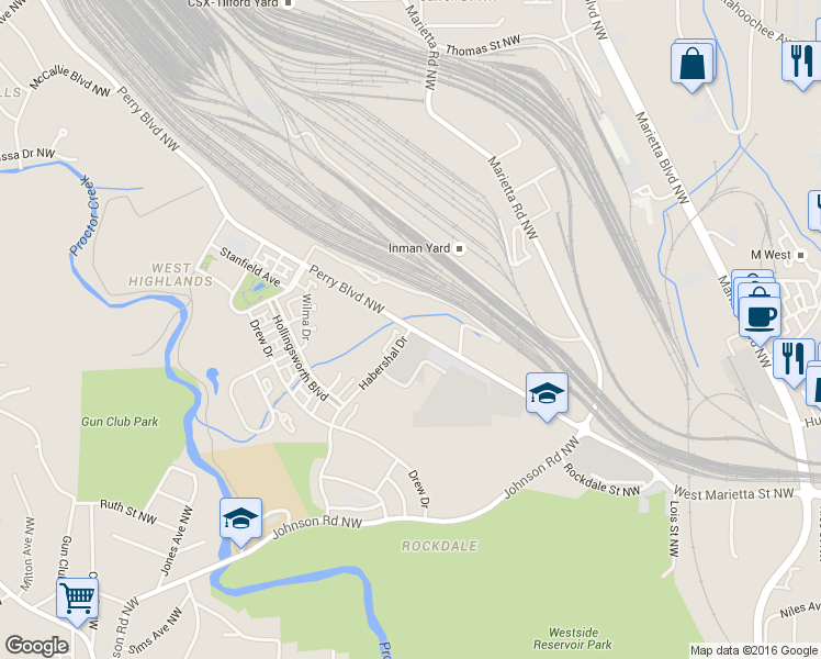 map of restaurants, bars, coffee shops, grocery stores, and more near 1548 Habershal Dr NW in Atlanta
