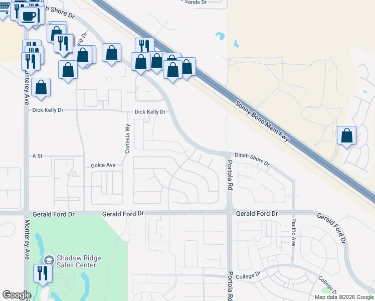 map of restaurants, bars, coffee shops, grocery stores, and more near 73514 Henri Drive in Palm Desert