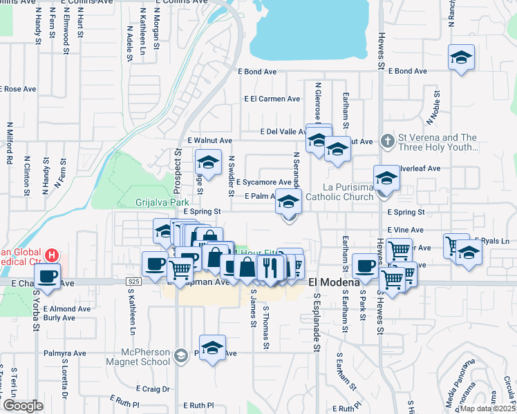 map of restaurants, bars, coffee shops, grocery stores, and more near 3801 East Spring Street in Orange
