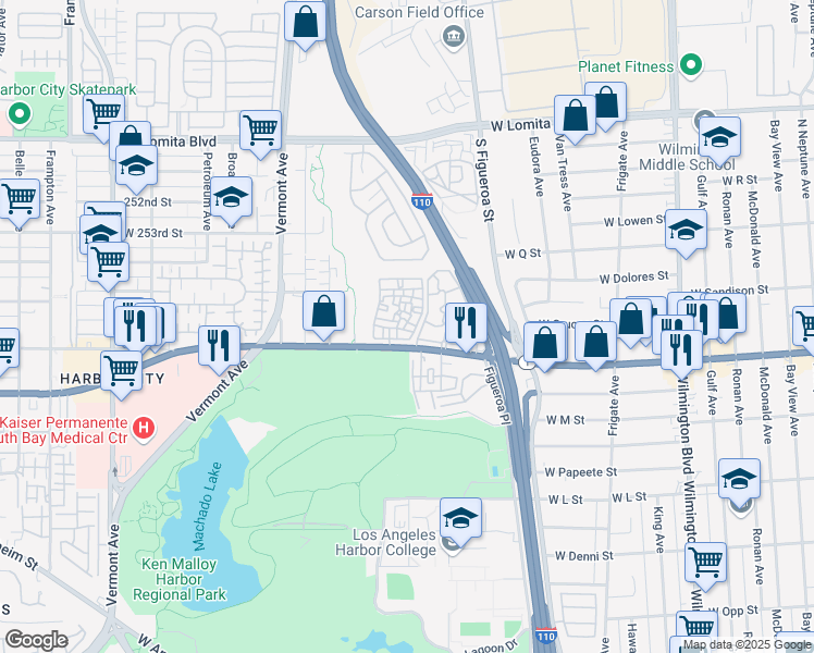 map of restaurants, bars, coffee shops, grocery stores, and more near 1617 West Pacific Coast Highway in Los Angeles