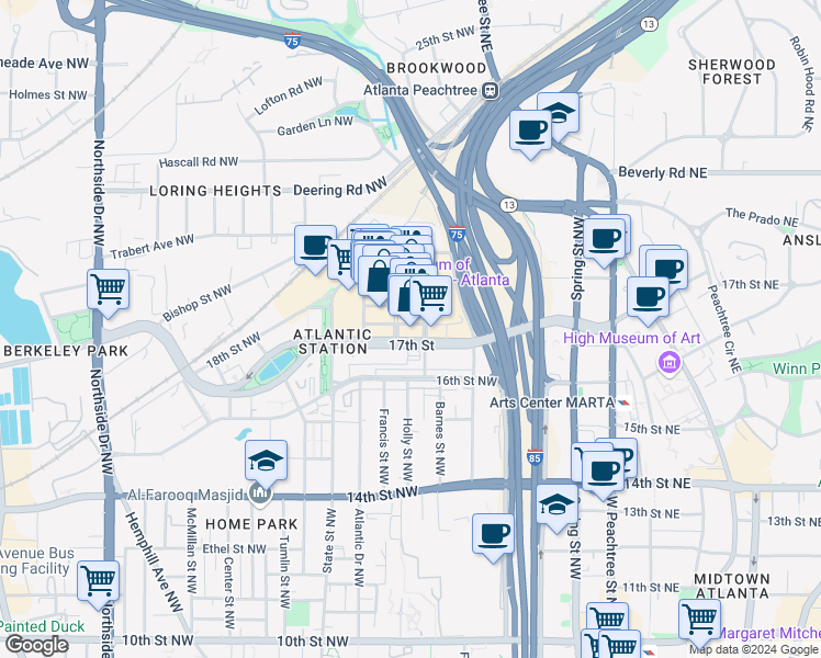 map of restaurants, bars, coffee shops, grocery stores, and more near 245 18th Street Northwest in Atlanta