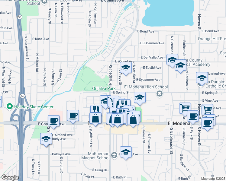 map of restaurants, bars, coffee shops, grocery stores, and more near 3328 East Lochleven Lane in Orange