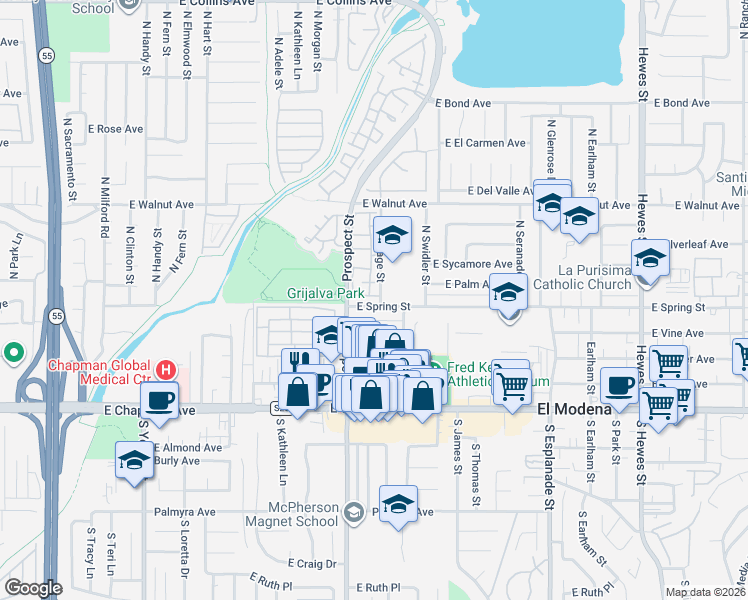 map of restaurants, bars, coffee shops, grocery stores, and more near 3406 East Lochleven Lane in Orange