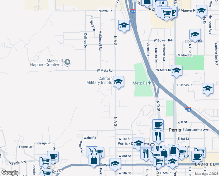 map of restaurants, bars, coffee shops, grocery stores, and more near 642 Roadrunner Way in Perris