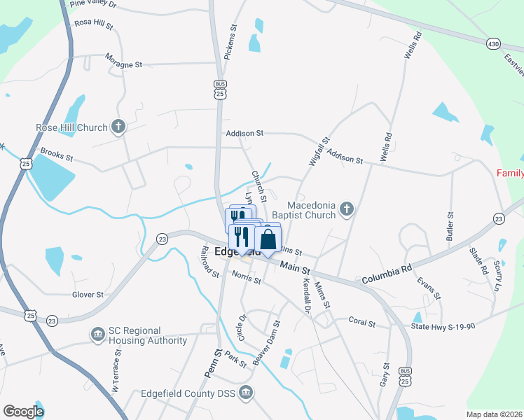 map of restaurants, bars, coffee shops, grocery stores, and more near 221 Church Street in Edgefield