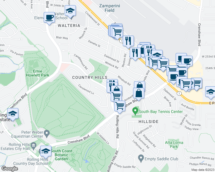 map of restaurants, bars, coffee shops, grocery stores, and more near 3022 Lazy Meadow Drive in Torrance