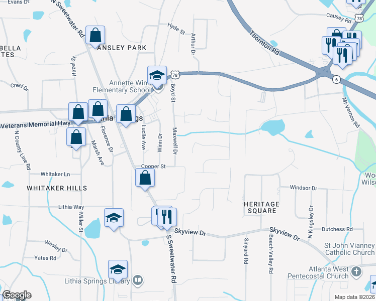 map of restaurants, bars, coffee shops, grocery stores, and more near 2260 Highridge Point Drive in Lithia Springs