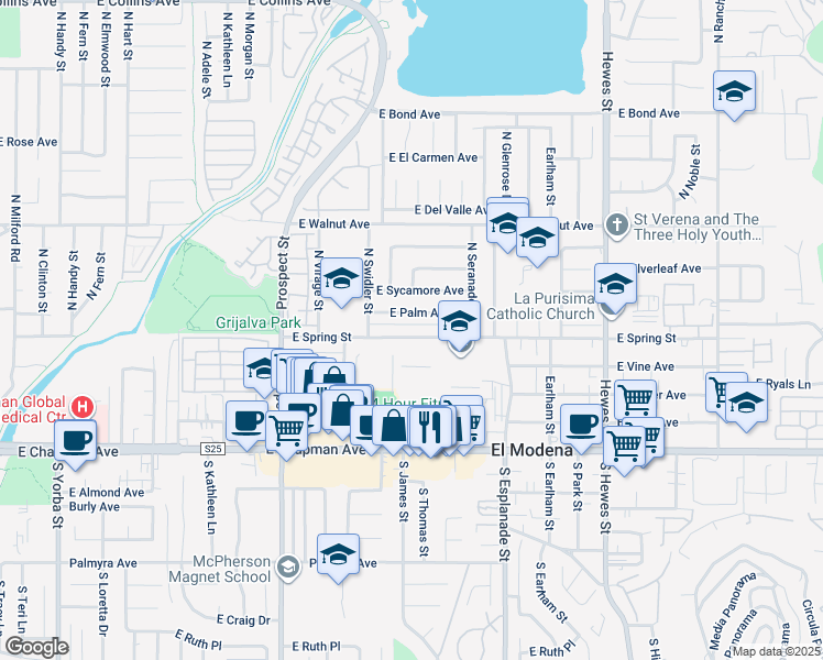 map of restaurants, bars, coffee shops, grocery stores, and more near 3801 East Spring Street in Orange