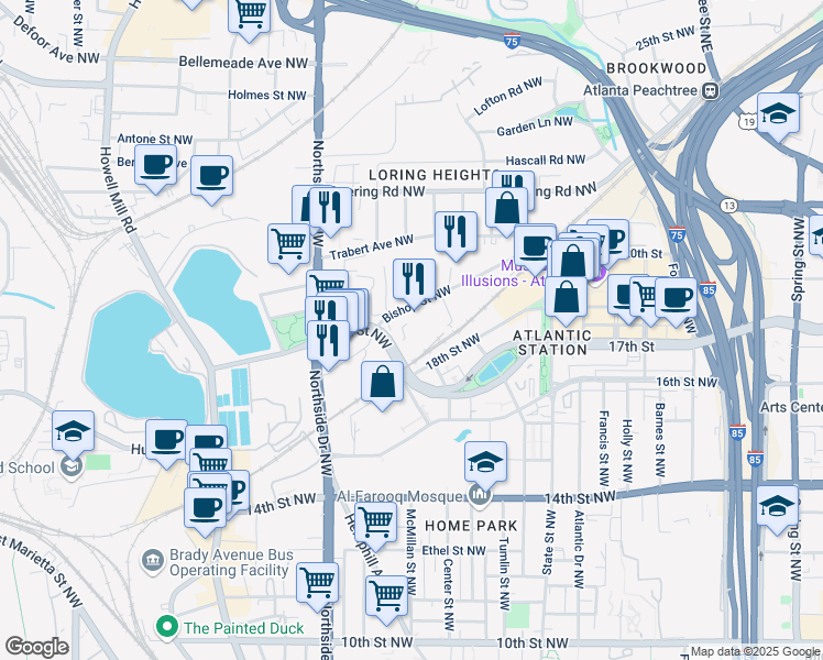 map of restaurants, bars, coffee shops, grocery stores, and more near in Atlanta