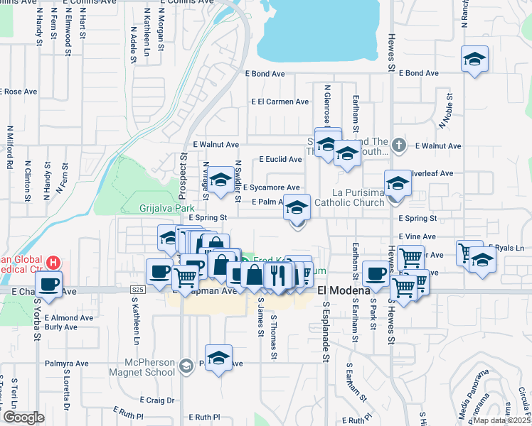 map of restaurants, bars, coffee shops, grocery stores, and more near 3806 East Palm Avenue in Orange