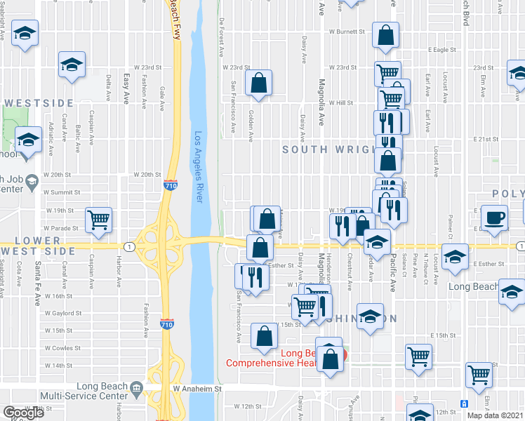 map of restaurants, bars, coffee shops, grocery stores, and more near Oregon Ave & W 19th St in Long Beach