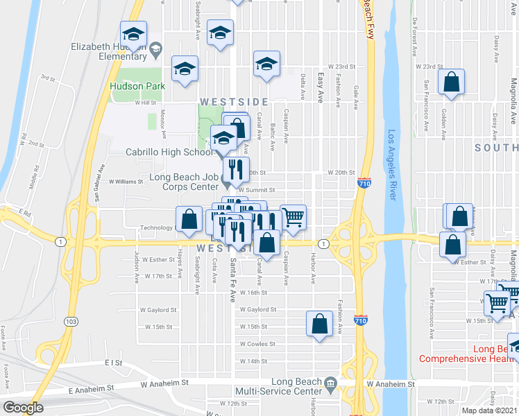 map of restaurants, bars, coffee shops, grocery stores, and more near West 19th Street in Long Beach