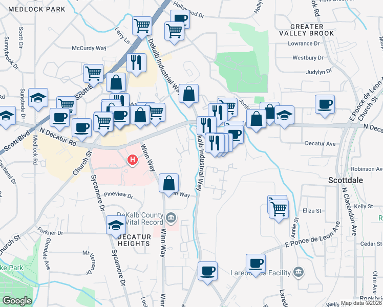 map of restaurants, bars, coffee shops, grocery stores, and more near 1102 Stratford Commons in Decatur