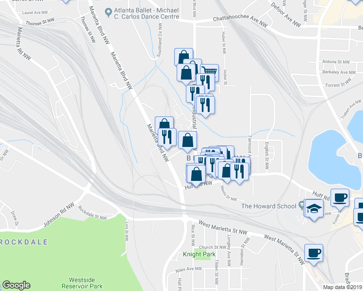 map of restaurants, bars, coffee shops, grocery stores, and more near 1240 Breuer Mews Northwest in Atlanta